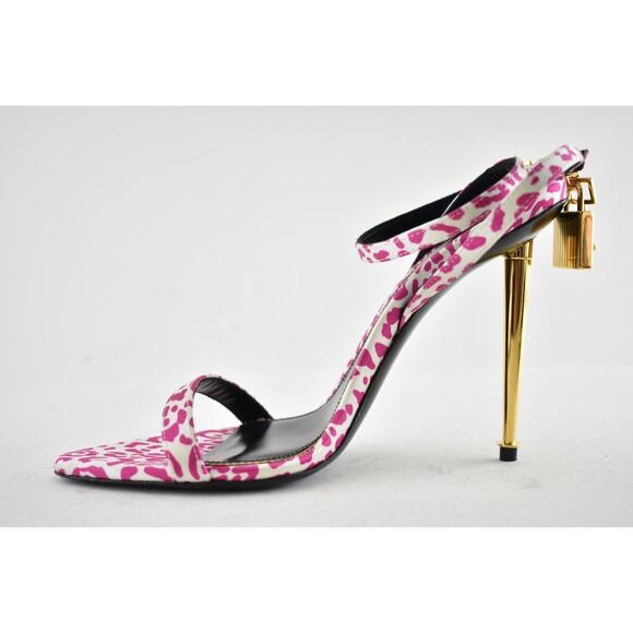 Tom Ford Padlock Pink White Animal Print Lock Ankle Strap Sandal Heel Pump 37.5 - Picture 9 of 12